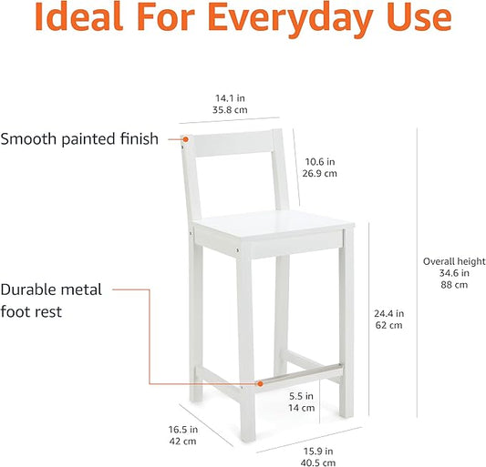 Amazon Basics Wooden Bar Stool with Backrest 24", White, Set of 2