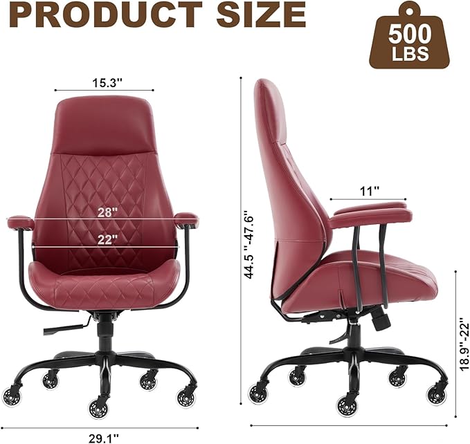 Home Office Desk Chair, Ergonomic High Back Leather Computer Chair with Lumbar Support, Adjustable Height & Recline, Swivel Executive Office Chair with Armrests and Rubber Casters, Red