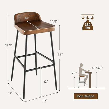 COSTWAY Bar Stool Set of 2, 29'' Industrial Pub Stool with Low Backrest and Footrest, Metal Legs, Breakfast Counter Height Chair for Island Living Room Kitchen Bar, Rustic Brown & Black