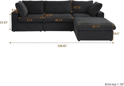 Cloud Couch Modular Sectional Sofa with Storage Ottoman,L Shaped Couch for Living Room,120.45inch Down Filled 4 Seater Black Convertible Sectional Sofas,Covers Washable&Replaceable