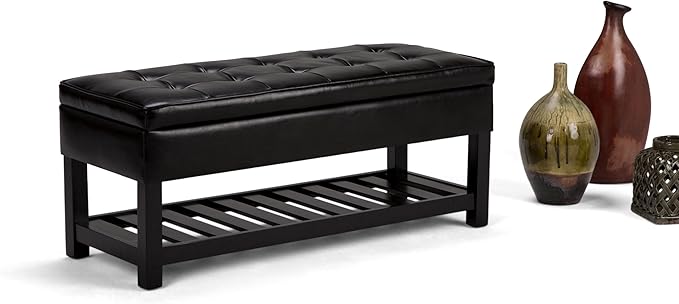 SIMPLIHOME Cosmopolitan 44 inch Wide Transitional Rectangle Storage Ottoman Bench with Open Bottom in Midnight Black Vegan Faux Leather, Assembled for the Living Room and Bedroom