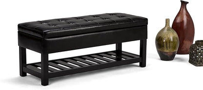 SIMPLIHOME Cosmopolitan 44 inch Wide Transitional Rectangle Storage Ottoman Bench with Open Bottom in Midnight Black Vegan Faux Leather, Assembled for the Living Room and Bedroom