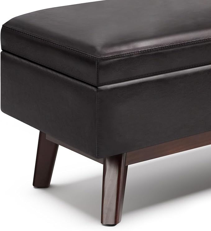 SIMPLIHOME Owen 48 inch Wide Mid Century Modern Rectangle Rectangular Storage Ottoman in Tanners Brown Vegan Faux Leather, Assembled, for the Living Room, Entryway and Family Room