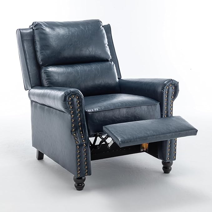 UIXE Faux Leather Pushback Recliner Chairs Set of 2, Overstuffed Armchair Push Back Accent Chair for Living Room, Rivet Trim Club Chair Home Theater Single Sofa Bedroom Side Reading Seat - Navy Blue