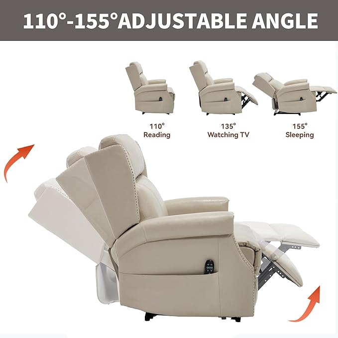 Manual Recliner Chair with Massage & Lumbar Heat, Breathable Leather Reclining Chair for Adults, Humanized Design Easy to Install Living Room Recliners Beige