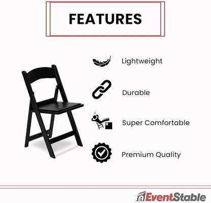 EventStable Titan PRO Resin Folding Chair - Black Indoor/Outdoor Lightweight Padded Chair for Weddings, Parties, Events - 50 Pack
