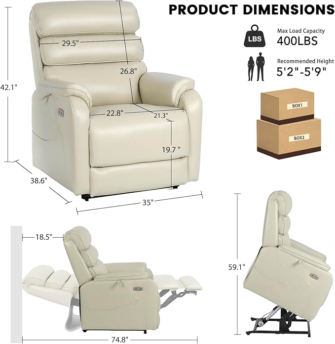 EONIX Dual Motor Lay Flat Power Lift Recliner Chair for Elderly, Breathable Leather Electric Lift Chairs for Adults, 400lbs Heavy Duty Power Recliner with Heat and Massage, SLRY003061, Cream White
