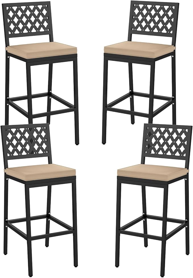 COSTWAY Outdoor Bar Chairs Set of 4, Armless Heavy-Duty Metal Frame Counter Height Chairs with Removable Cushions, Footrest, Ergonomic Backrest, Upholstered Barstools for Patio, Poolside, Backyard