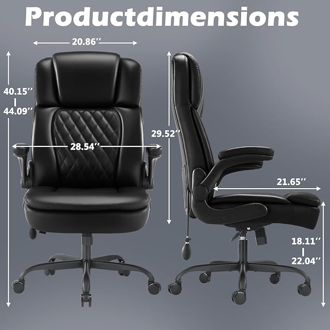 400lbs Executive Office Chair with Flip up Arm,Ergonomic Big and Tall Computer Desk Chairs with Pocket Spring Cushion,High Back PU Leather Computer Chair with Adjustable Lumbar Support,Metal Base