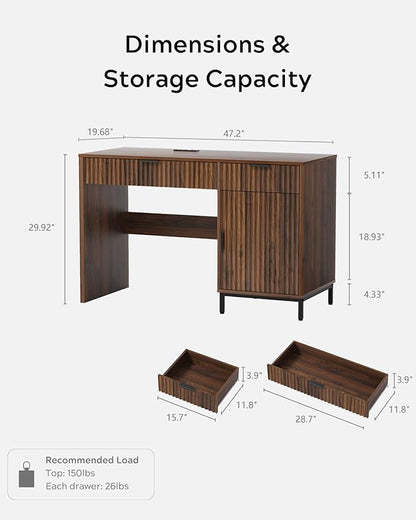 47" Fluted Executive Desk, Modern Wood Home Office Desk with Charging Station, Drawer & Cabinet, Computer Writing Desk for Work Study, Brown