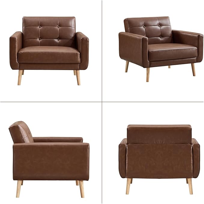 CANMOV 29" W Oversized Leather Accent Chair Set of 2, Armchair Button Back, Mid Century Modern Accent Chairs for Living Room, Modern Upholstered Bed Room Chair Cozy Armchair with Wood Legs, Brown