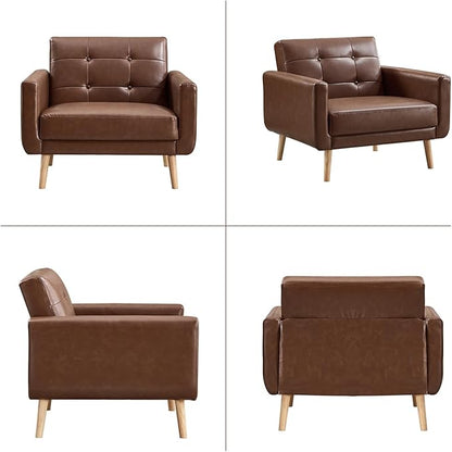CANMOV 29" W Oversized Leather Accent Chair, Armchair Button Back, Mid Century Modern Accent Chairs for Living Room, Modern Upholstered Bed Room Chair Cozy Armchair with Wood Legs, Brown
