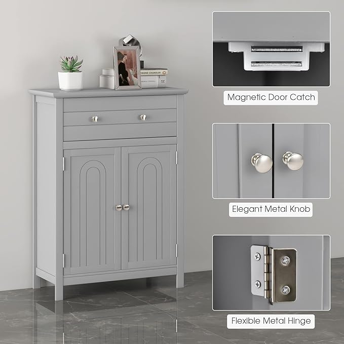 LOKO Bathroom Floor Cabinet, Kitchen Storage Cabinet with 1 Drawer, 2 Doors & 3-Position Adjustable Shelf, 2-Door Floor Storage Cabinet for Bathroom, Living Room, Entryway (Grey)