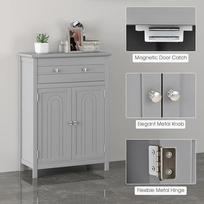 LOKO Bathroom Floor Cabinet, Kitchen Storage Cabinet with 1 Drawer, 2 Doors & 3-Position Adjustable Shelf, 2-Door Floor Storage Cabinet for Bathroom, Living Room, Entryway (Grey)