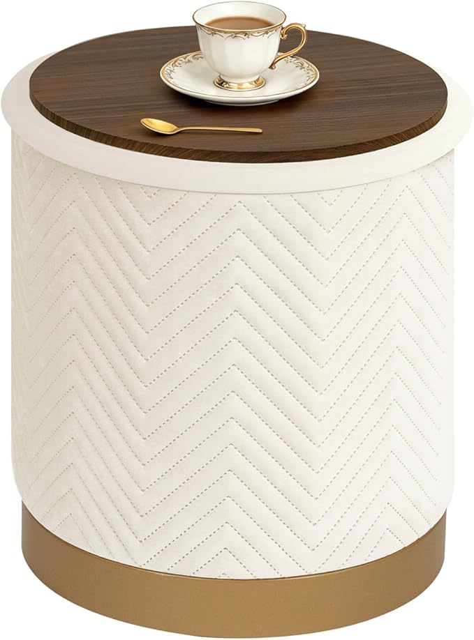 B FSOBEIIALEO Ottoman with Stroage, Round Velvet Storage Ottoman with Gold Plating Base,Foot Rest Stool for Dorm Room, Living Room White, 14.76"x14.76"x16.36"