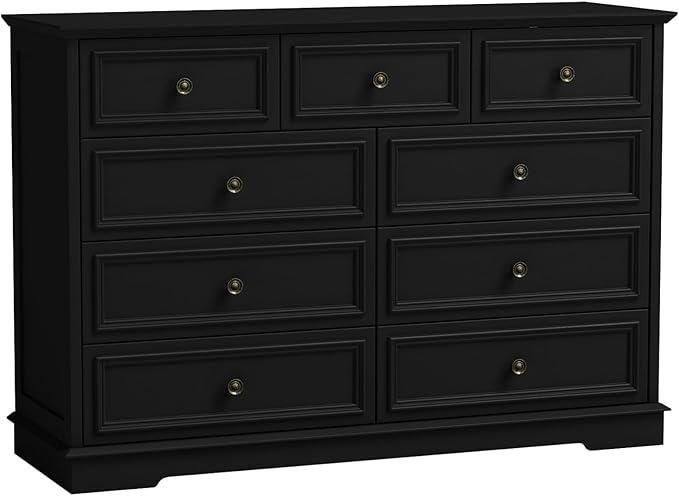 Dresser for Bedroom, 51" Wide Wood 9 Drawers Dresser with Storage, Retro Design Chest of Drawers for Bedroom, Living Room, Dressing Room, Hallway, Black