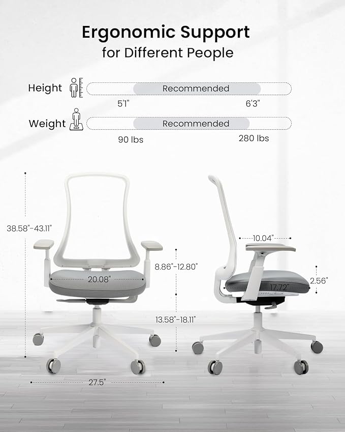 ProtoArc Ergonomic Office Chair - Flexer Desk Chair with Foam Cushion Sliding Seat, Advanced Airflow Mesh, Adjustable Armrest, Swivel Computer Chairs for Home Office - White