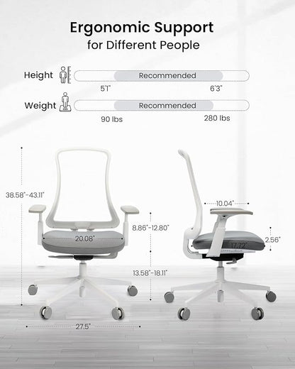 ProtoArc Ergonomic Office Chair - Flexer Desk Chair with Foam Cushion Sliding Seat, Advanced Airflow Mesh, Adjustable Armrest, Swivel Computer Chairs for Home Office - White