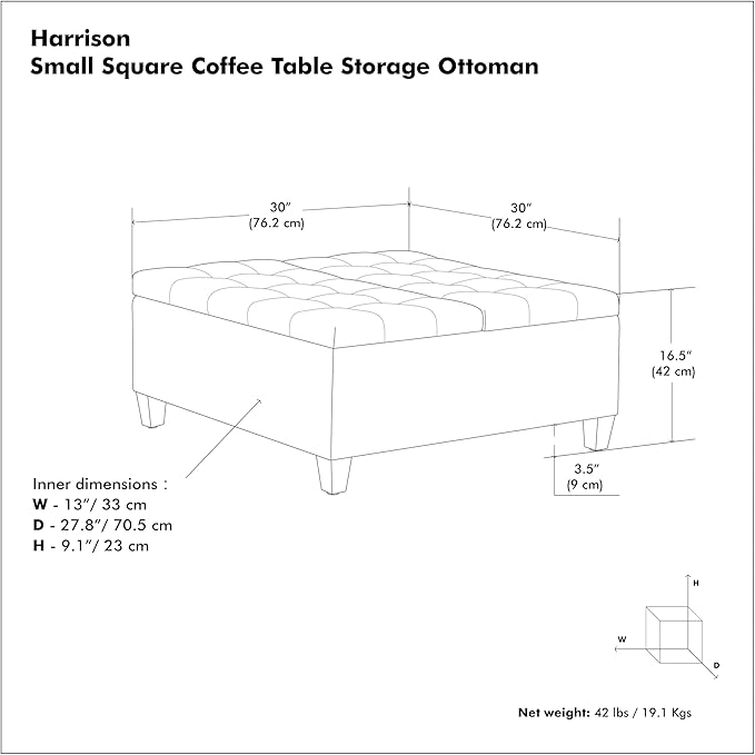 SIMPLIHOME Harrison 30 inch Wide Transitional Square Small Coffee Table Storage Ottoman in Slate Grey , Assembled, For the Living Room and Bedroom