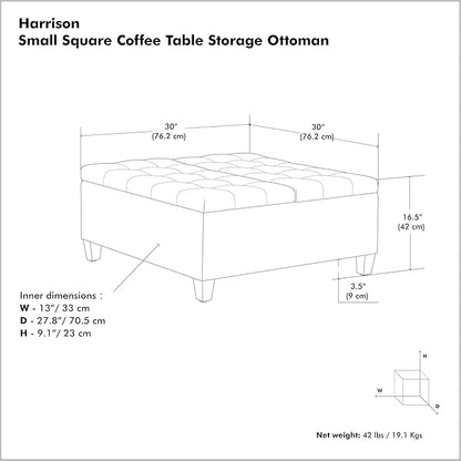 SIMPLIHOME Harrison 30 inch Wide Transitional Square Small Coffee Table Storage Ottoman in Slate Grey , Assembled, For the Living Room and Bedroom