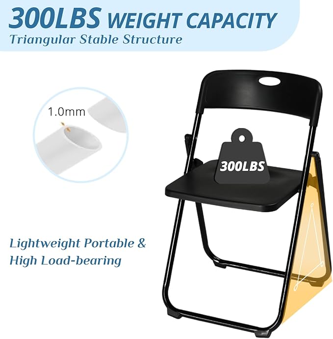 Karl home 6 Pcs Folding Chair, 300LBS Lightweight Foldable Plastic Chair, Reinforced Metal Frame Easy to Fold & Store for Indoor & Outdoor, Wedding, Party, Meeting Room, Patio and Garden, Black