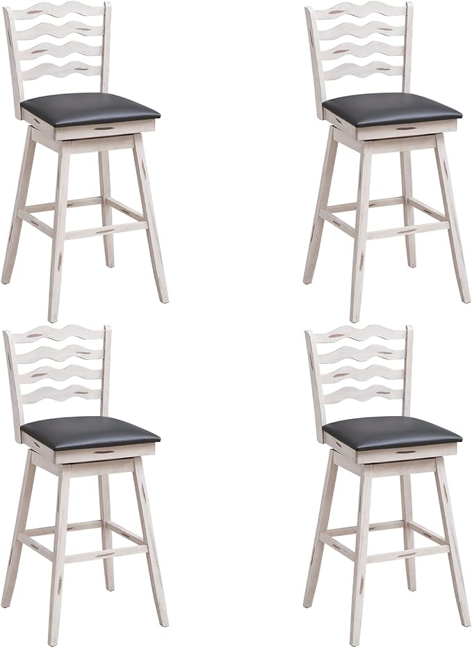 COSTWAY Bar Stools Set of 4, 29” 360° Swivel Bar Height Chairs with Rubber Wood Frame, Cushioned Seat, Ergonomic Backrest & Footrest, Wooden Upholstered Barstools for Kitchen Island (4, 29”)