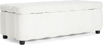 Christopher Knight Home Pean Living Room Ottoman with Storage, Fabric Upholstered Storage Ottoman Bench, Sofa Foot Stool with Wood Frame, Bedroom End of Bed Bench, Chic Scalloped Design, White