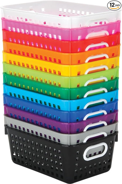 Really Good Stuff Medium Plastic Book Baskets, 11" by 7.5" by 4.5" - 12 Pack, Rainbow, Versatile Storage Solution for Classroom, Home and Office l Toy Storage, Multi-Purpose Organizer Basket