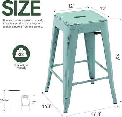 Vogue Furniture Direct 24 Inch Metal Bar Stools, Backless Counter Height Barstools, Indoor Outdoor Stackable Stools with Square Seat, Set of 2 (Distressed Mint Green)