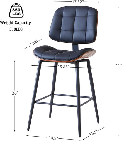 Mid Century Modern Bar Stools Set of 2 for Kitchen Island,Upholstered Black Faux Leather Counter Height stools,26 Inch Counter stools with Walnut Grain Back