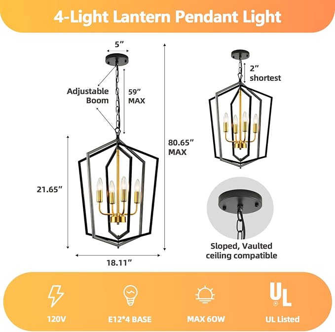 18.1" Chandeliers for Dining Room, 4-Light Farmhouse Foyer Lighting Fixtures, Modern Pendant Lights Kitchen Island, Black and Gold Lantern Pendant Light, for Bedroom, Entryway, Staircase