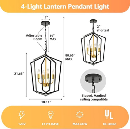 18.1" Chandeliers for Dining Room, 4-Light Farmhouse Foyer Lighting Fixtures, Modern Pendant Lights Kitchen Island, Black and Gold Lantern Pendant Light, for Bedroom, Entryway, Staircase