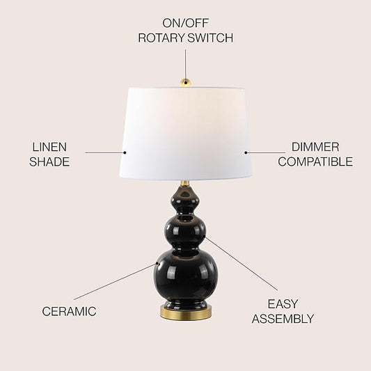 JONATHAN Y JYL4023C Bowen 27.5" Contemporary Transitional Ceramic Gourd LED Table Lamp, Black/Brass Gold for Bedroom, Living Room, Kitchen, Home Office