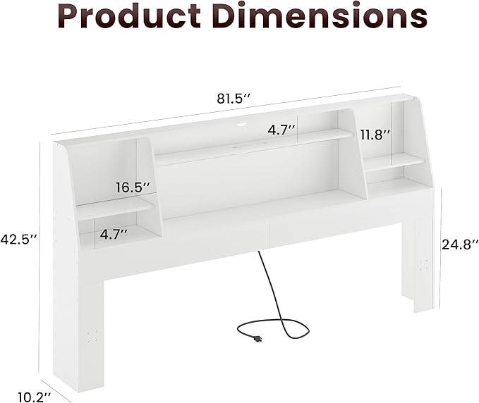 King Size Headboard Only for Bed, Wood Bookcase Headboard with Charging Station & 2 LED Lights, Modern King Bookshelf Headboard with Storage, Noise-Free, Sturdy and Durable, White