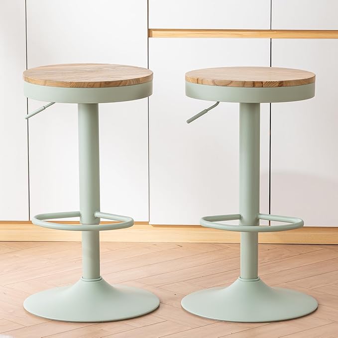 Kidol & Shellder Bar Stools Set of 6 Round Adjustable Swivel Barstools Modern Backless Bar Chairs Wooden Seat Counter Height Stools Armless for Kitchen Island, Cafe, Dining Room (Mint Green)
