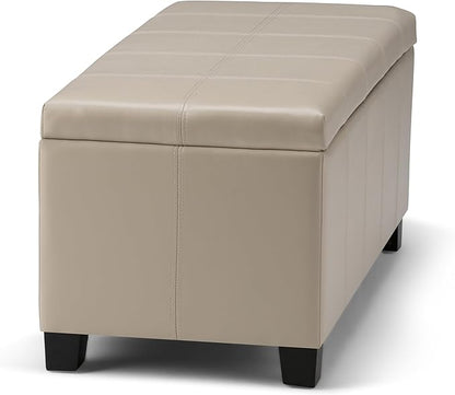 SIMPLIHOME Dover 36 inch Wide Contemporary Rectangle Storage Ottoman Bench in Satin Cream Vegan Faux Leather, Assembled, For the Living Room, Entryway and Family Room