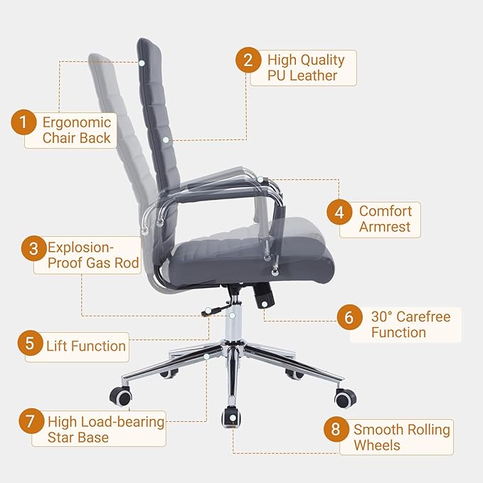 Sidanli Executive Desk Chair, Ergonomic PU Leather Gaming Chair with Adjustable Lumbar Support and Rolling Wheels for Home Office Conference Room, High Back, Gray