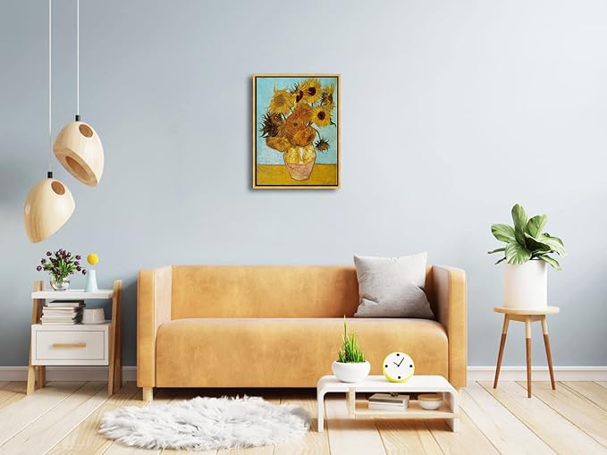 Wieco Art Framed Wall Art of Sunflower by Vincent Van Gogh Paintings Reproduction Abstract Canvas Prints for Home Living Room Decorations Bronze Gold Frame