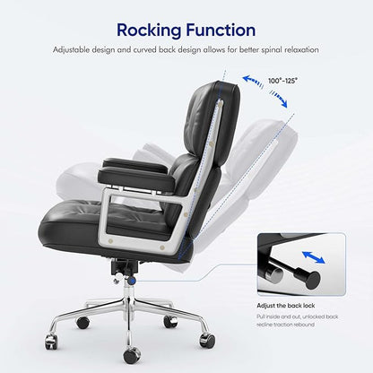Genuine Leather Office Chair, Mid Back Executive Desk Chairs with Aluminum Arms and Wheels, Swivel Office Leather Chair with Thickened Backrest and Ergonomic Lumbar Support, Black