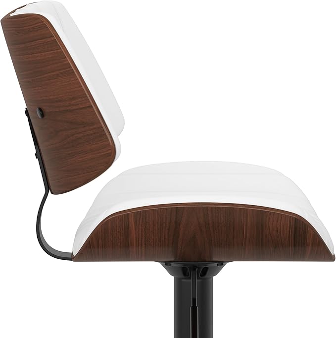 SIMPLIHOME Novak Adjustable Swivel Bar Stool - 33 inch Seat Height Upholstered Metal Chair in White Vegan Faux Leather, Mid Century Seating for Kitchen or Bar with Curved Bentwood Back