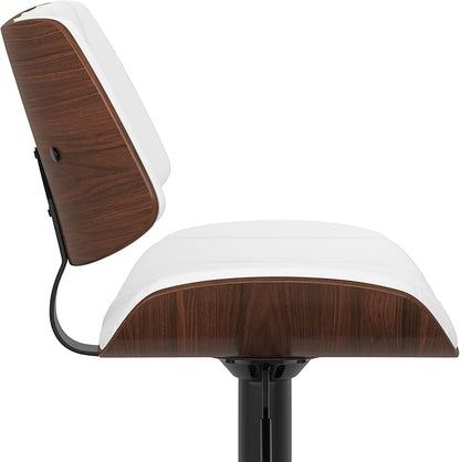 SIMPLIHOME Novak Adjustable Swivel Bar Stool - 33 inch Seat Height Upholstered Metal Chair in White Vegan Faux Leather, Mid Century Seating for Kitchen or Bar with Curved Bentwood Back