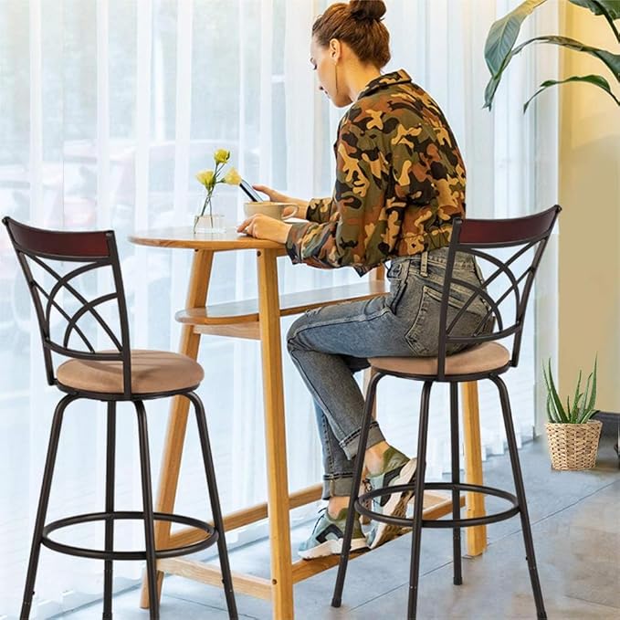 VECELO Bar Stools, 24/29" Adjustable Barstool,Swivel Counter Stool with Upholstered Seat,Steel Bistro Pub Chairs, Wood Top Backrest,Set of 2