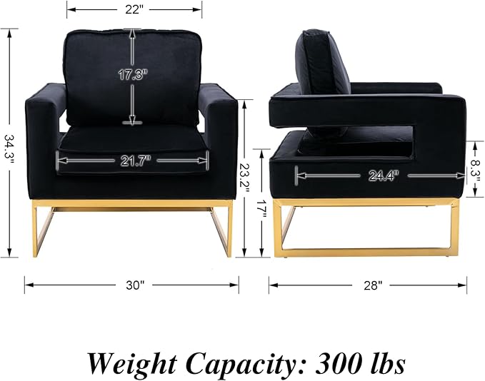 Modern Accent Chair Set of 2, Velvet Upholstered Side Chair with Backrest, Comfy Armchair Side Chair with Golden Metal Base for Living Room Reception Room, Black