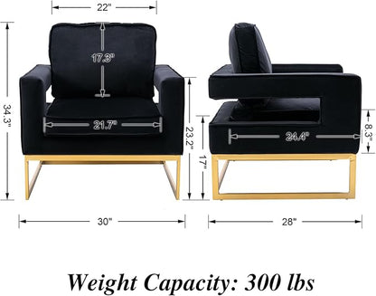 Modern Accent Chair Set of 2, Velvet Upholstered Side Chair with Backrest, Comfy Armchair Side Chair with Golden Metal Base for Living Room Reception Room, Black
