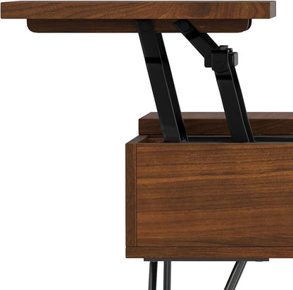 SIMPLIHOME Hunter Lift Top Coffee Table - 32 inch Wide Solid Walnut Veneer and Metal Industrial Square Cocktail Table, Living Room Table with Dual Lift Tops, Hidden Storage and Hairpin Legs