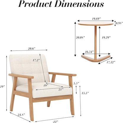 KCC Mid-Century Modern Linen Fabric Accent Chair, Upholstered Leisure Chair Comfy Reading Side Chair with Armrest and Solid Wood Frame for Living Room Bedroom Balcony(Beige)