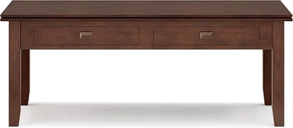 SIMPLIHOME Artisan Coffee Lift Top Table - 46 inch Wide Solid Wood Contemporary Cocktail Table in Russet Brown, Living Room with Hidden Storage Compartment, Open Shelf, and Square Knobs