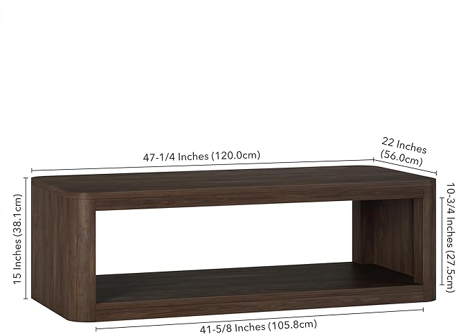 Henn&Hart 47" Rectangular Low-Profile Coffee Table with Open Storage Shelf for Living Room, Family Room, or Office, Alder Brown