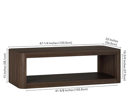 Henn&Hart 47" Rectangular Low-Profile Coffee Table with Open Storage Shelf for Living Room, Family Room, or Office, Alder Brown