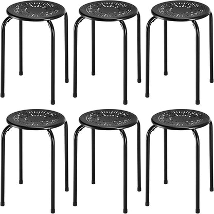 COSTWAY 6-Pack Steel Stack Stools, 17.5-Inch Height Portable Stackable Backless School Stools with Daisy Design, Round Classroom Decoration Stools Set of 6 for Kids Children Students, Black